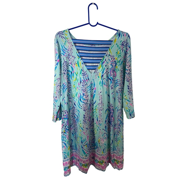 Lilly Pulitzer Tops - Lilly Pulitzer Blue Pink Green‎ Floral V-Neck Tunic Dress Cover Up Size L